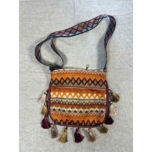 Boho Woven Crossbody Bag Tassel Fringe Ethnic Geometric Strap Orange